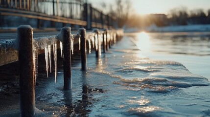 The setting sun casts a golden glow over a frosty lakeside pier, adorned with delicate icicles hanging from its railings.