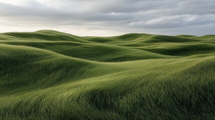 Fototapeta premium Rolling hills of lush green grass stretch under a moody sky, evoking a sense of peace and vastness in nature’s embrace.