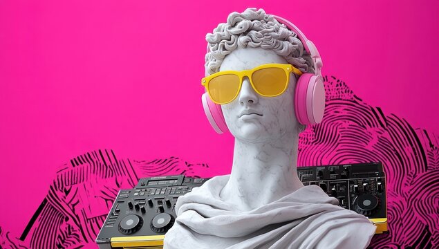 Apollo Sculpture with Headphones and Sunglasses on Pink Neon Background Concept Art Digital Collage