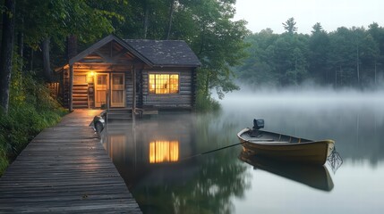 Obraz premium Lake Cabin at Dusk: A cozy log cabin on a tranquil lake, illuminated by warm interior lights, with a small rowboat gently bobbing on the misty water. The scene evokes a sense of peace and serenity.
