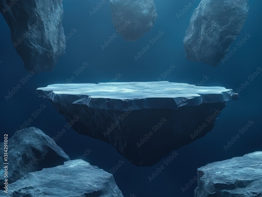 Poster floating stone platform in blue space visualization for product display