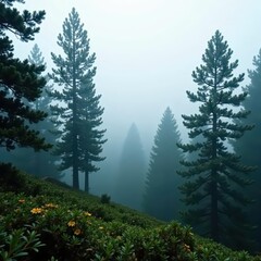 Fototapeta premium Misty pine forest panorama, ancient trees shrouded in fog, sunlight, needles