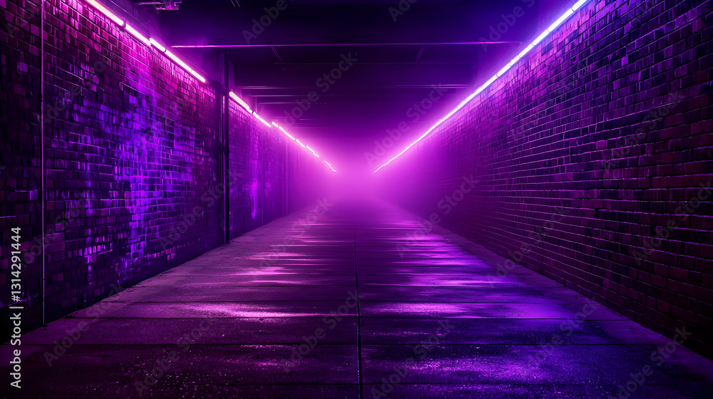 Poster a long empty neon illuminated tunnel with purple and pink gradient lighting reflecting on a wet bric