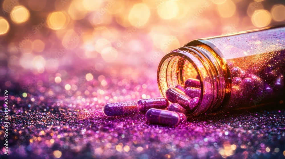 Aufkleber glass bottle with colorful capsules spilling onto a sparkling surface with artistic bokeh background