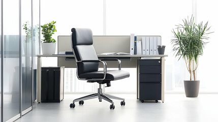 Modern Office Space With Desk Chair And Computer Setup In Bright Room With Potted Plants And Natural Light Perfect For Productive Work Environment