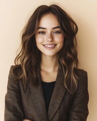 Fototapeta premium confident young businesswoman in stylish blazer smiling warmly against pastel background