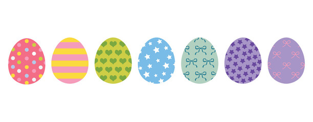 Easter eggs with patterns. Drawing clipart set. Happy easter eggs. Multicolored symbols for traditional celebration. Vector illustration, oval shape. Clouds, dots, stars, stripes, bows. Decoration art