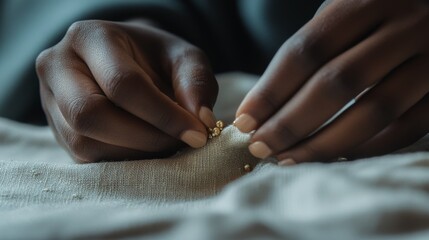 Hands embroider delicate gold beads onto soft fabric, capturing the intimacy of craftsmanship in warm, muted tones.
