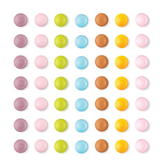 Small round candies icons. Colorful dragees, multicolored glazed chocolate and fruit buttons