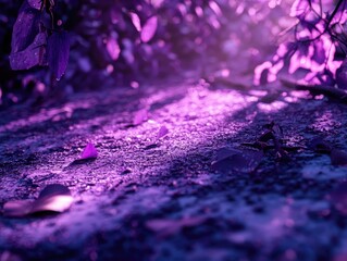 Mystical violet trail dappled with light, scattered leaves and enchanting flora
