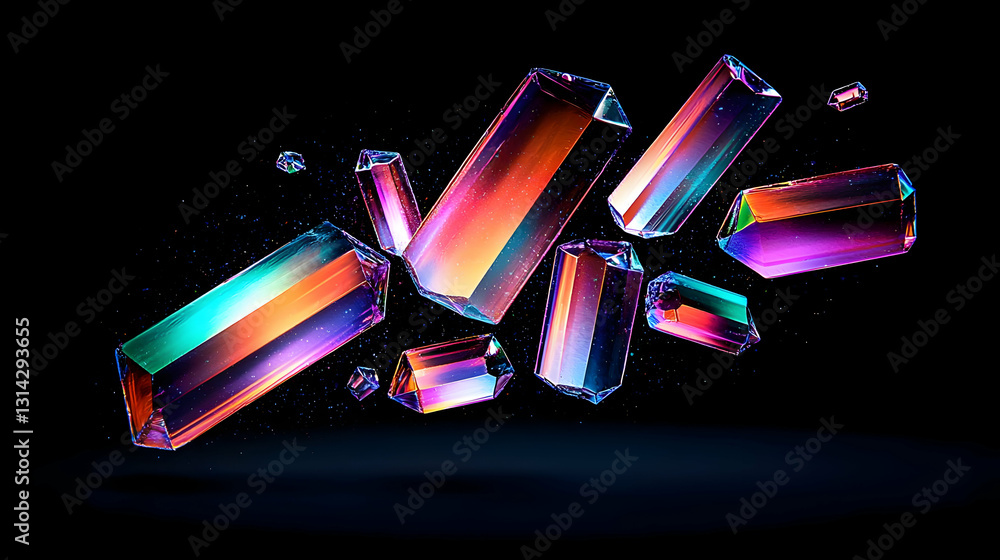 Poster vibrant geometric crystals floating against a dark backdrop creating an abstract minimalist design w