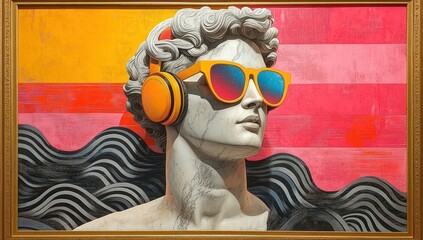 Apollo as DJ with Headphones and Sunglasses in a Colorful Surrealist Collage