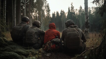 Four people, three in tactical gear and one in red, sit together in a forest clearing, suggesting a tale of unity and camaraderie in nature.