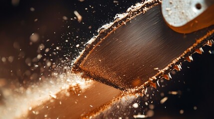 Close-up Chainsaw in Action Flying Sawdust, Sharp Teeth Detail, Industry , Woodwork