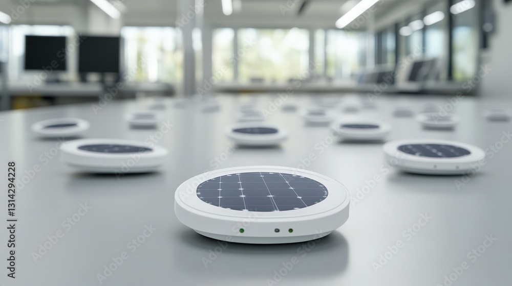 Poster solar-powered devices arranged on a modern office table with bright windows in the background