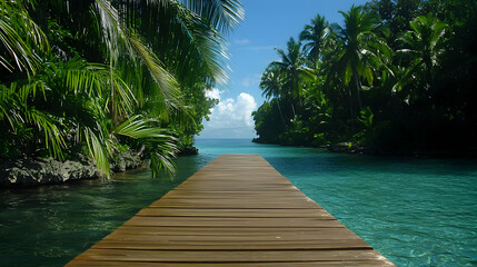 Pixel Art Wooden Pier Leading To Tropical Lagoon With Lush Green Vegetation And Turquoise Water