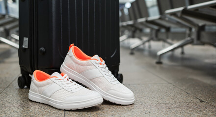 Sneakers on the floor with a suitcase in an airport setting, bright and modern
