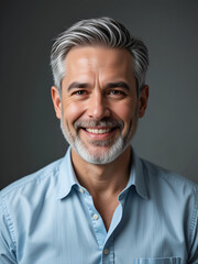Obraz premium Middle-aged man, silver gray hair, warm smile, beard stubble, light blue shirt, soft lighting, neutral background, portrait, friendly expression, crow's feet, confidence