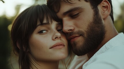 Obraz premium A tender embrace as two individuals share a serene moment in nature, their expressions reflecting affection and peacefulness.