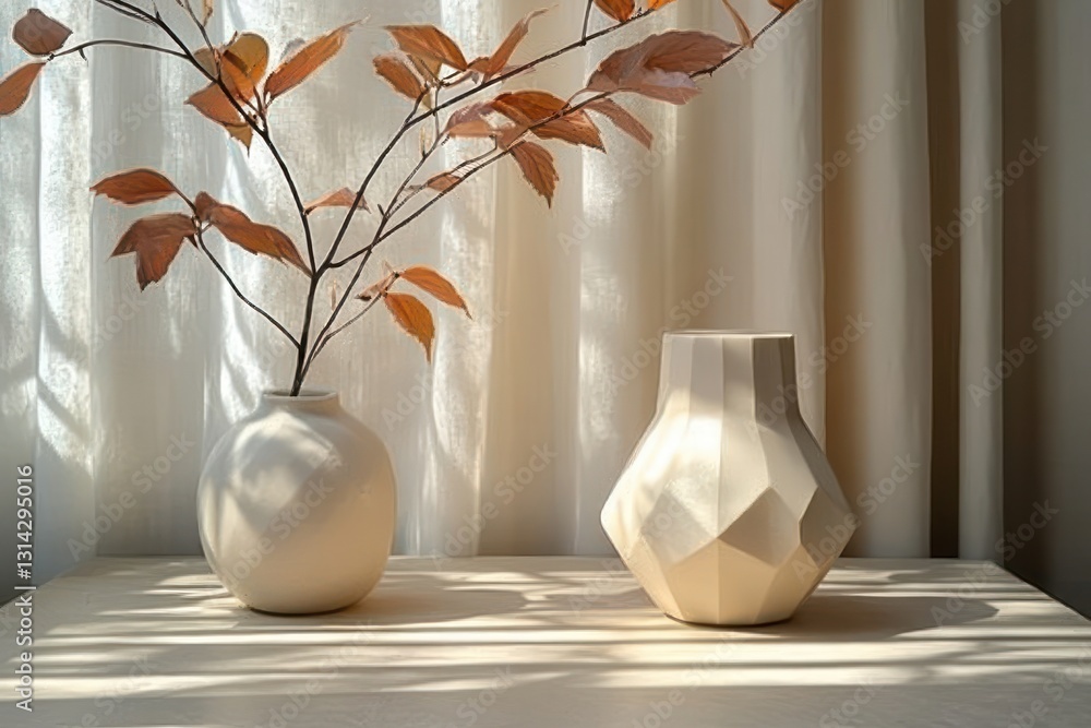 Poster minimalist still life scene with geometric ceramic object on beige surface and soft tree shadow