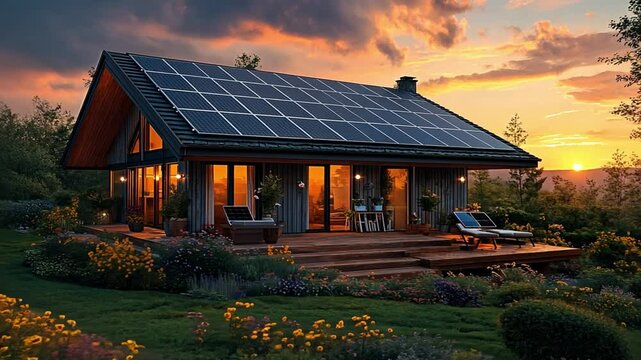 Sustainable Home: A modern house integrates solar panels and other eco-friendly features, set against a stunning sunset. the perfect symbol of sustainable living