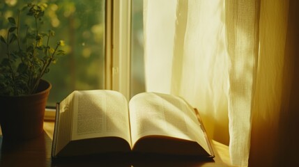 Soft, warm sunlight filters through a window, illuminating an open book, inviting calm reflection in a cozy and tranquil setting.