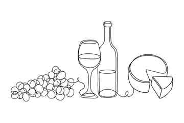 Wine Bottle, Glass, Grapes, and Cheese Continuous Single Line Drawing Minimalist Vector Illustration