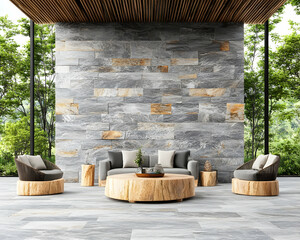 Outdoor lounge area with stone wall and wooden accents