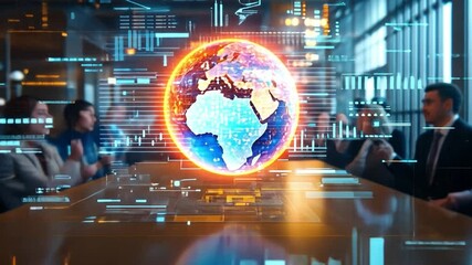 Innovative business meeting with virtual earth display in a modern office setting - Powered by Adobe