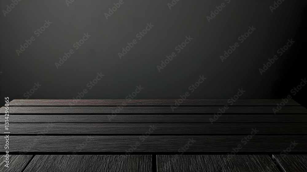Poster empty black wooden table top against dark background with spotlight illumination in studio setting p