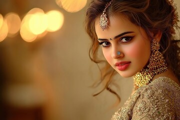 Fototapeta premium Portrait of a beautiful young woman adorned with elegant gold jewelry and traditional Indian attire, showcasing grace and cultural heritage with a soft, warm light.
