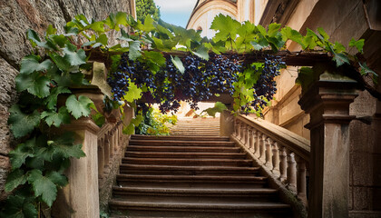 A picturesque stone staircase is adorned with lush green grapevines and hanging clusters of ripe purple grapes.
