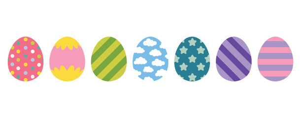 Easter eggs with patterns. Drawing clipart set. Happy easter eggs. Multicolored symbols for traditional celebration. Vector illustration, oval shape. Clouds, dots, stars, stripes, bows. Decoration art