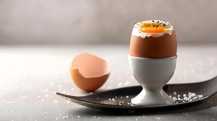 A Culinary Delight: A perfectly cooked soft-boiled egg, presented in an elegant egg cup on a decorative tray sprinkled with salt