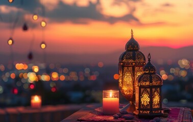 Fototapeta premium A stunning Ramadan night background with golden lanterns, warm candlelight, and a cozy outdoor table at sunset