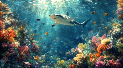 Fototapeta premium Majestic Shark Swimming Through Vibrant Coral Reef