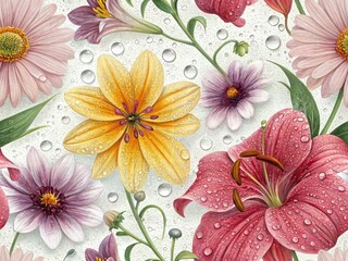 Aerial Closeup Flowers, Water Drops, Abstract Floral Pattern