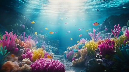 Fototapeta premium Vibrant coral reef teeming with colorful fish illuminated by sunlight penetrating the ocean surface.