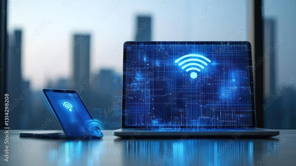 Aufkleber blue digital devices with wireless connection displayed on screen showing internet signal in modern 