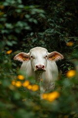 Obraz premium White cow in lush green forest