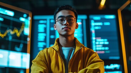 Data Analyst in the Digital Age: A young, focused data analyst stands confidently before a wall of monitors, the data illuminated in vibrant colors and lines.