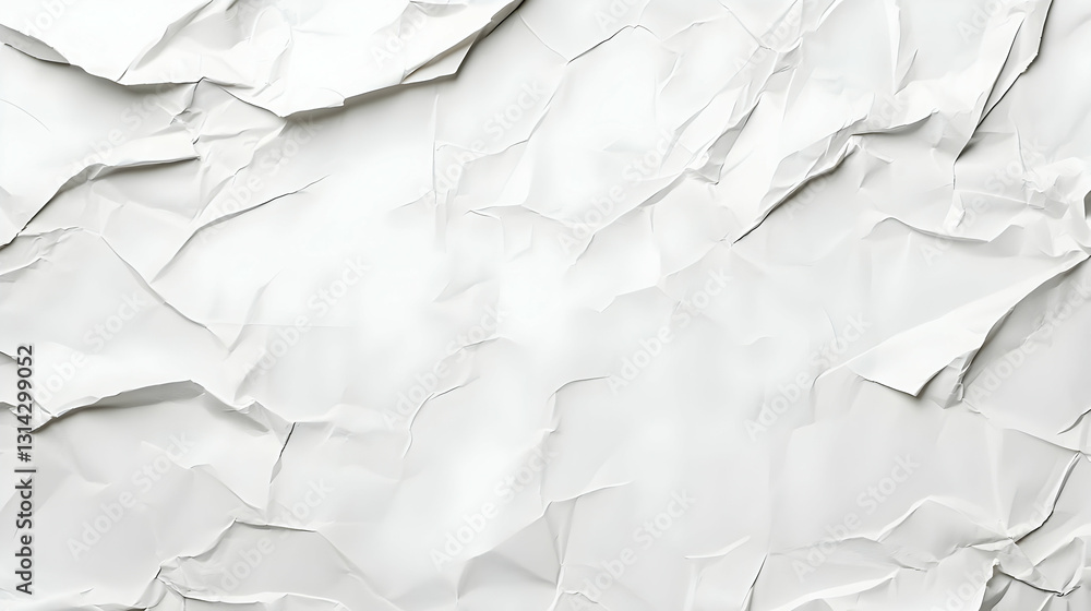 Poster close up of a crumpled and torn white paper texture with rough uneven surface and highlighted crease