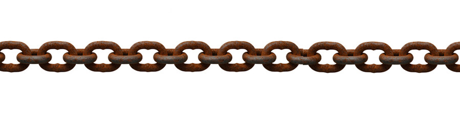 Obraz premium A rusty metal chain with thick, interlocking links, showing corrosion and a rugged texture on a transparent background.