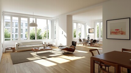 Fototapeta premium Serene Living Room Interior: A modern living space bathed in natural light, showcasing clean lines, comfortable furnishings, and an inviting atmosphere. 