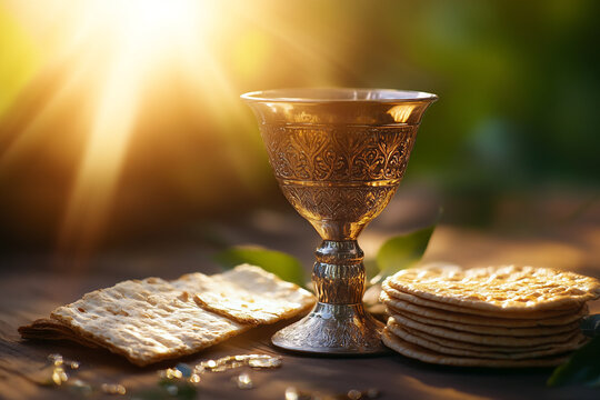 Celebrating Passover with traditional matzah and a beautiful silver goblet at sunset