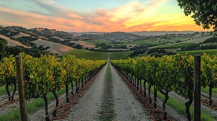 Naklejka premium Vineyard path at sunset, rolling hills