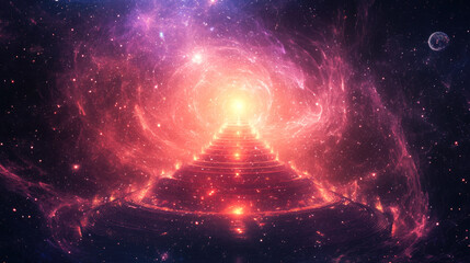 Cosmic stairway to glowing nexus in vibrant nebula with distant planet