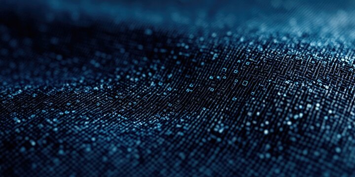 A high-resolution macro photograph capturing the intricate microfibers on a woven fabric surface, highlighted by a blue bokeh background.