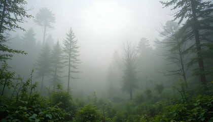 Fog Rolling Through Evergreen Trees in Forest Creates Eerie Ambience