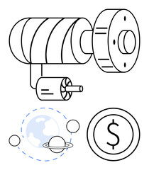 Spacecraft with coiled structure and cylindrical components, planet surrounded by orbit lines, dollar sign in a circle. Ideal for space exploration, technology, economy, innovation, finance, future